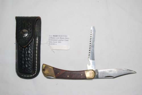 KASE 3 in. ROSTFREI 2-Blade Lock Blade [Italy] Brass & Walnut Bolsters. In Embossed Leather Case.